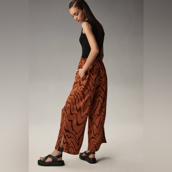Anthropologie Wide Leg pull on pant bronze wavey artsy pattern retro 70s small S - Picture 2 of 16